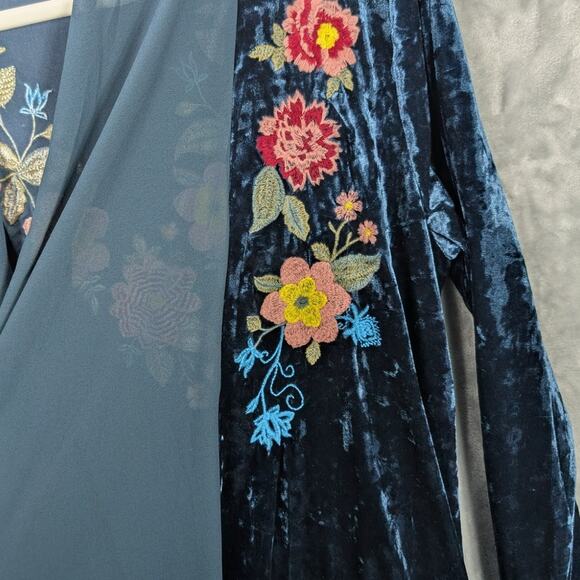 Andree by Unit Open Cardigan Womens Medium Crushed Velvet Blue Floral Embroider - Picture 9 of 10